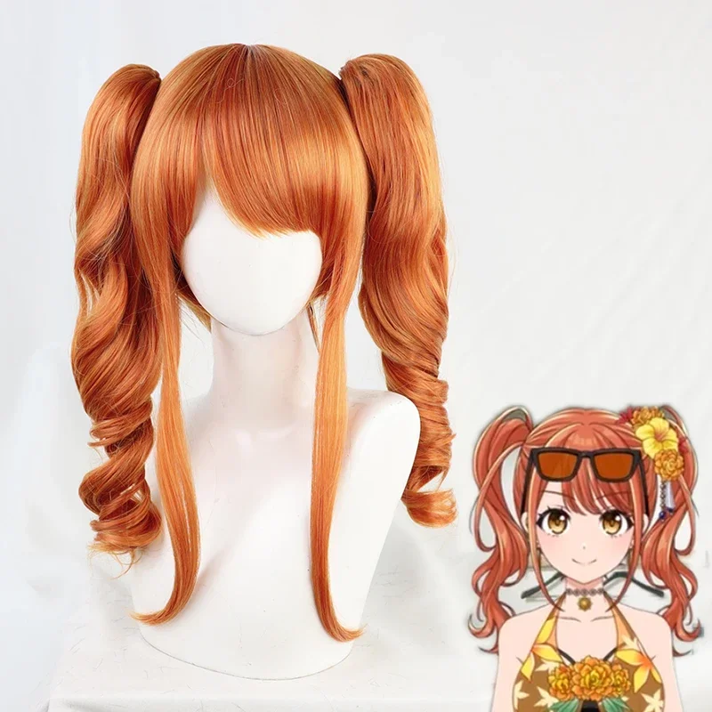 D4DJ Merm4id Seto Rika Cosplay Wig Orange Long Curly Twin Ponytails Hair Halloween Party Wigs   Wig Cap   Horns PropsAccessory