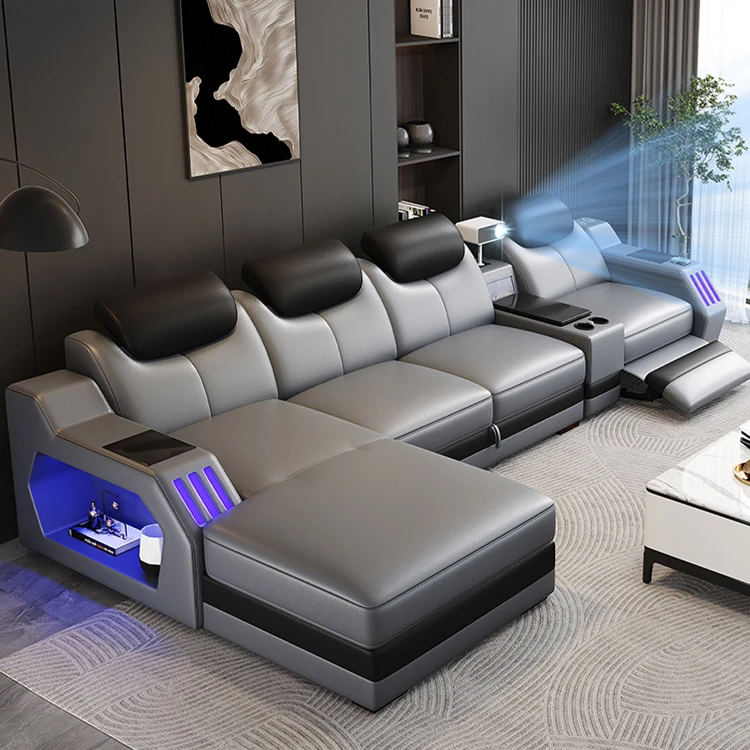 

For Modern L-Shape Sectional Genuine Leather Sofa LED Light and Storage Box Reclining Bed Section for Living Room Furniture
