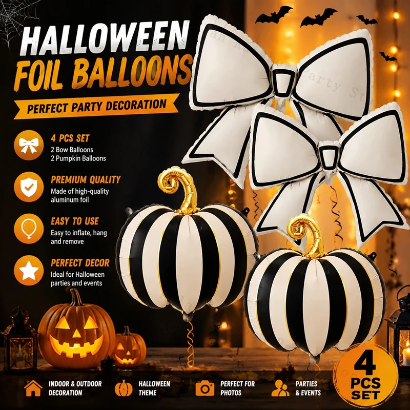 4-teiliges Halloween-Folienballon-Set mit Schleife, schwarz-weiß gestreiftem Kürbis und orangefarbenem Folienballon, Halloween-Partydekorationen, Foto-Requisiten