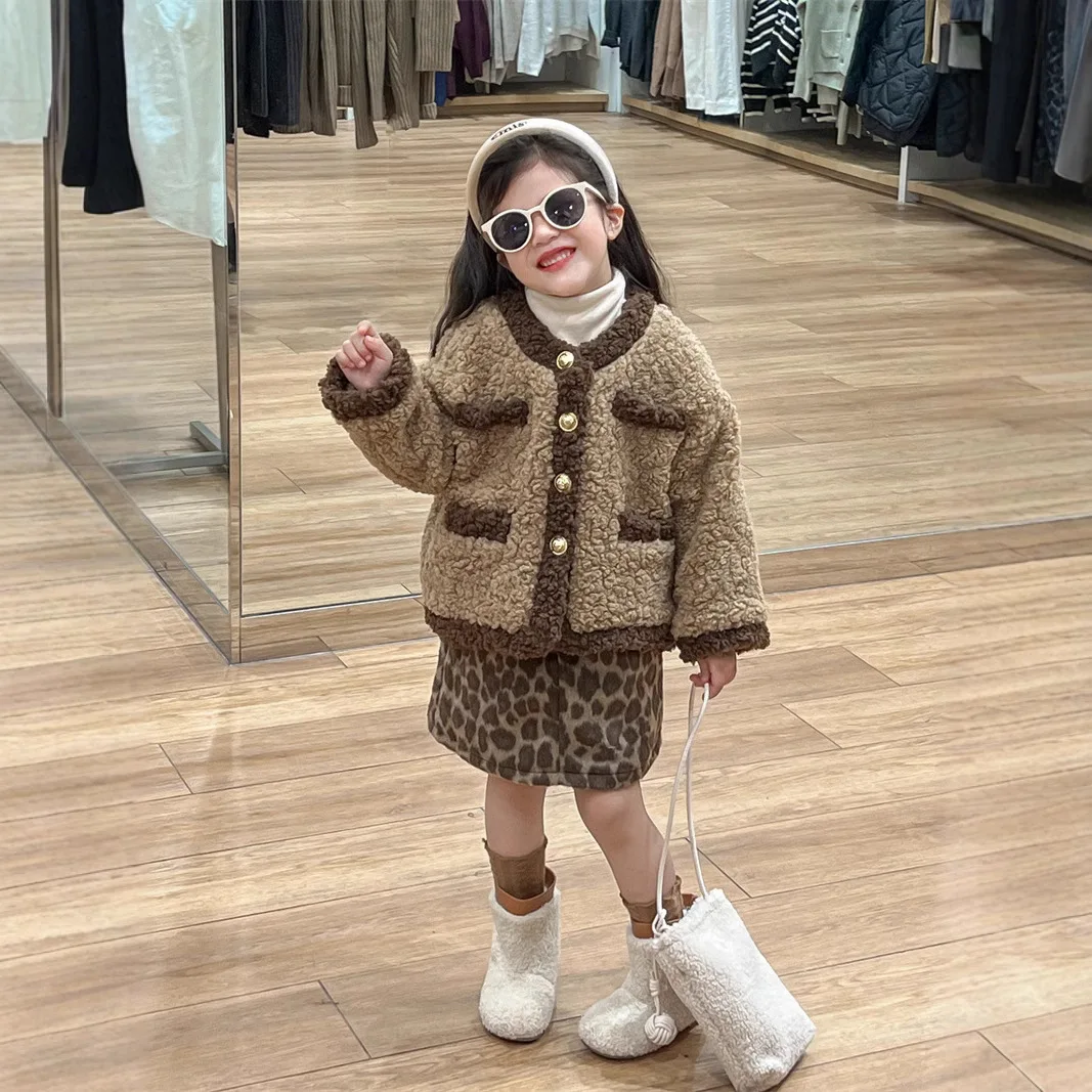 Korean Girls' Jacket 2024 Autumn and Winter New Thickened Warm Small Fragrant Coffee Color Matching Wool Sweater Jacket