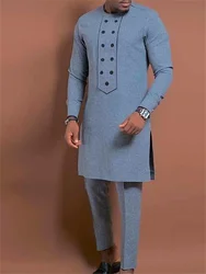 Men's fashion casual grey printed long sleeve two-piece set