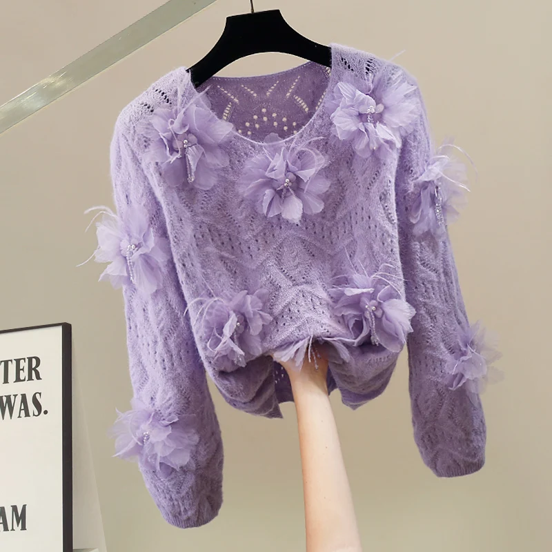 

Korean Sle Heavy Work Knitted Sweater Faionable 3D Flower Decoration Loose Fit Ele Top Trendy Warmth Heating Pure Col...