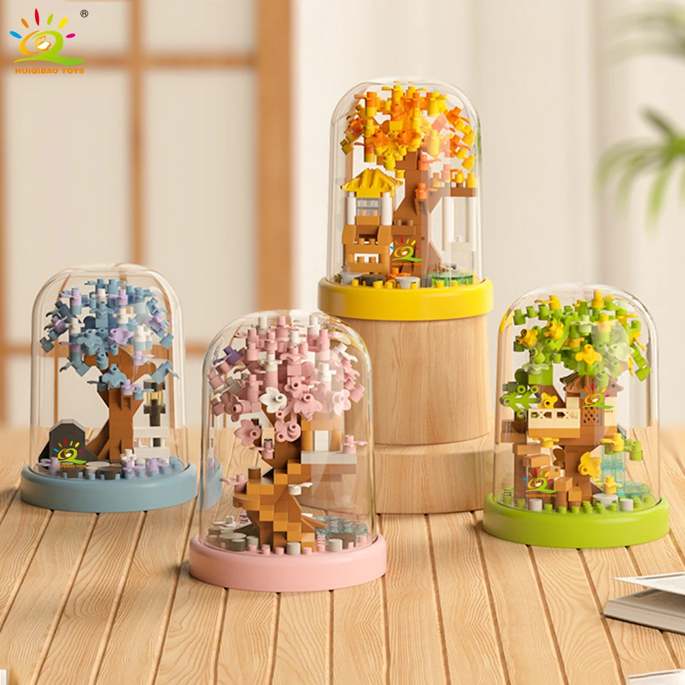 Four season Mini Tree House with Display Box Model Micro Building Block Diamond Brick Toy for Children Desk Decor.