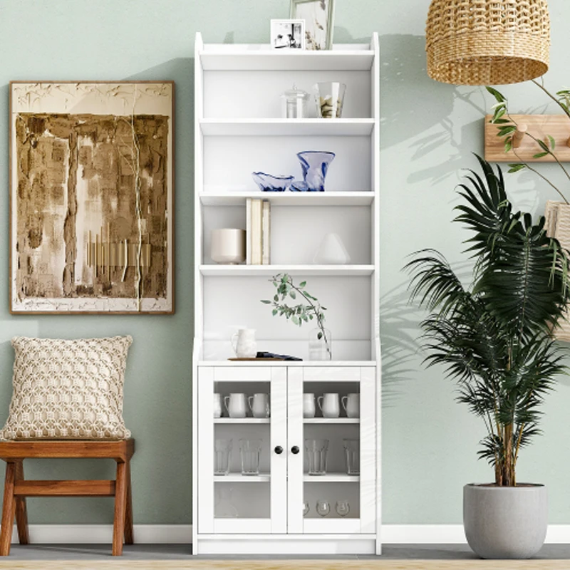 ON-TREND Elegant Tall Cabinet with Acrylic Board Door, Versatile Sideboard with Graceful Curves, Contemporary Bookshelf, White