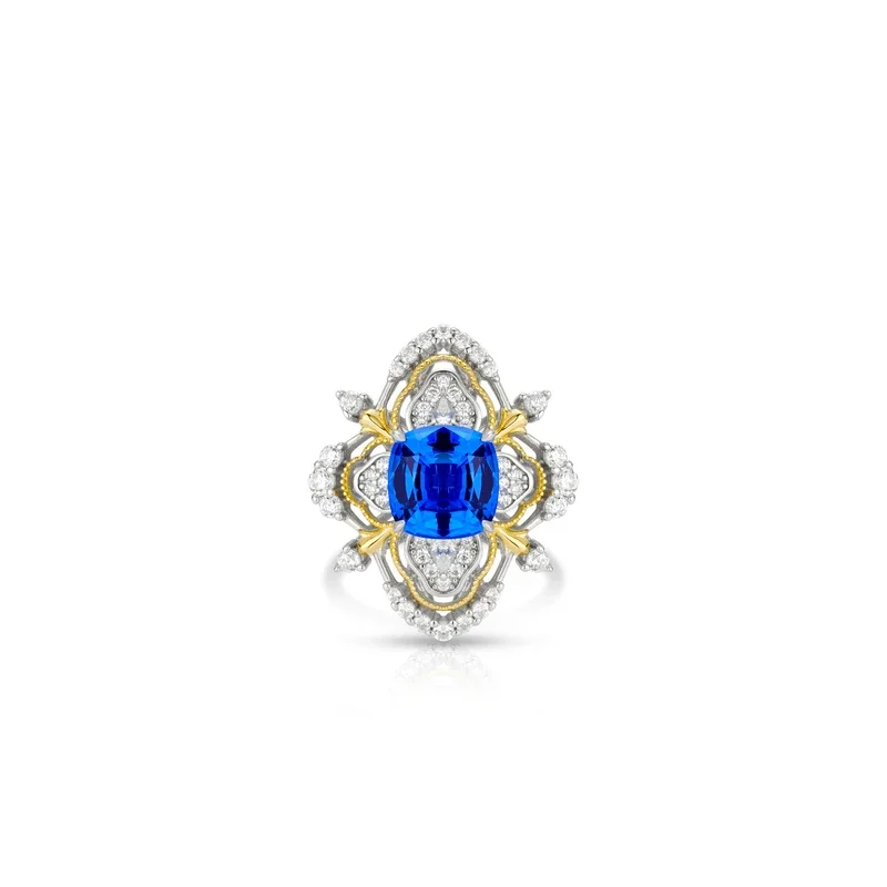 BELLUX 925 Silver Royal Court Style Cushion Cut Blue Synthetic Zircon Cocktail Ring Luxury Vintage Rings