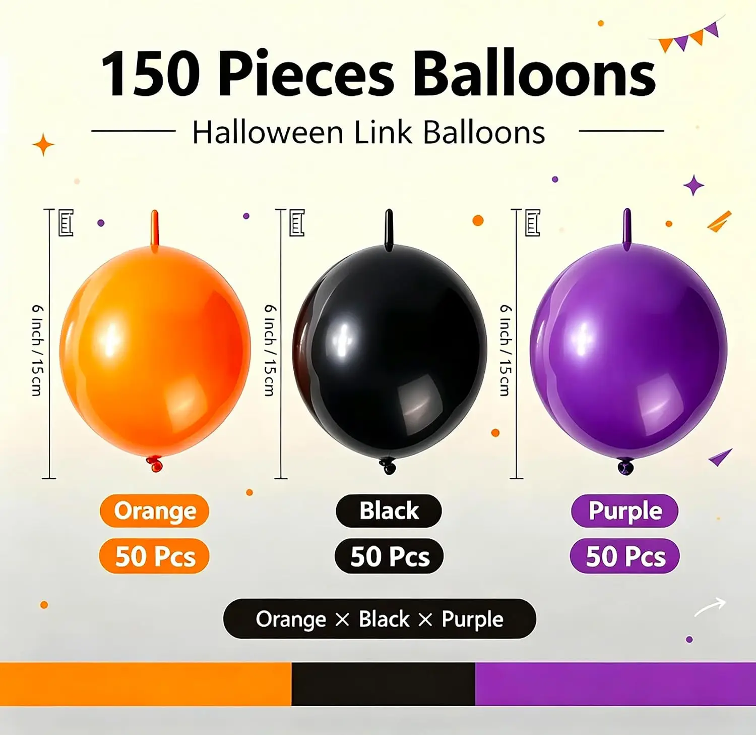 Halloween Decoration Balloons Set 6 Inch, 150 Pcs Black Orange Purple Link Balloons for Party Decor, Linking Balloons for Halloween Trick or Treat Party Supplies