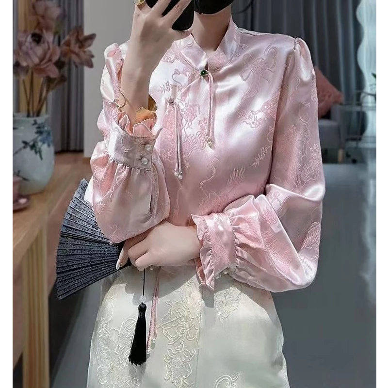 Women High Quality Vintage Chinese Style Blouse Elegant Chic Stand Collar Shirt Spring Pink White Long Sleeve Loose Tops Blusas