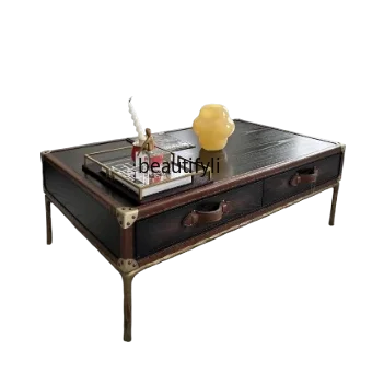 

Medieval retro oil wax leather coffee table high-end coffee table leather case, American iron forged decorative cabinet