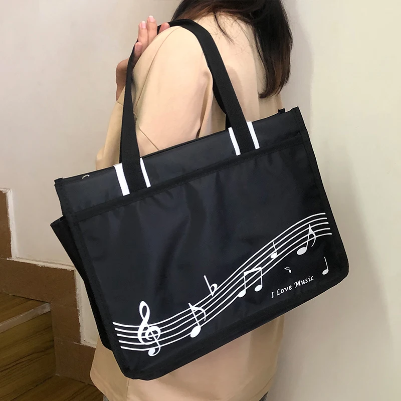 Nylon Music Note Piano Keys Printed Messenger Books Shoulder Bag Large Capacity Cloth Zipper Closure Tote