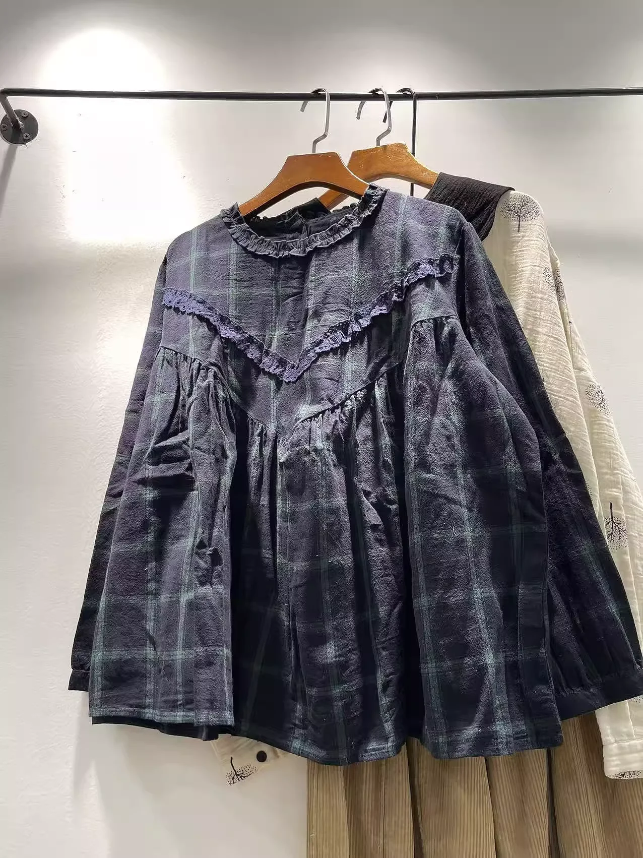 

Бюст 132 см Mori Kei, одежда, 100% хлопок, зеленые женские клетчатые рубашки, кружевная лоскутная блузка с длинными рукавами, женский пуловер