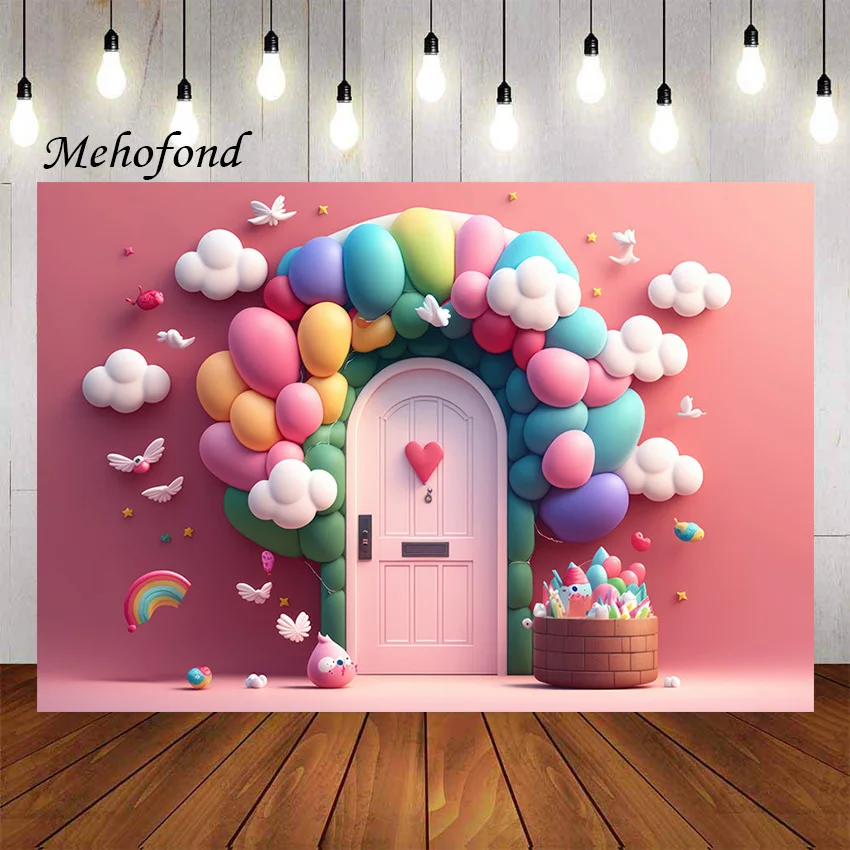 

Mehofond Photography Background Arch Rainbow Balloon Pink Sky Clouds Girls Birthday Party Cake Smash Decor Backdrop Photo Studio