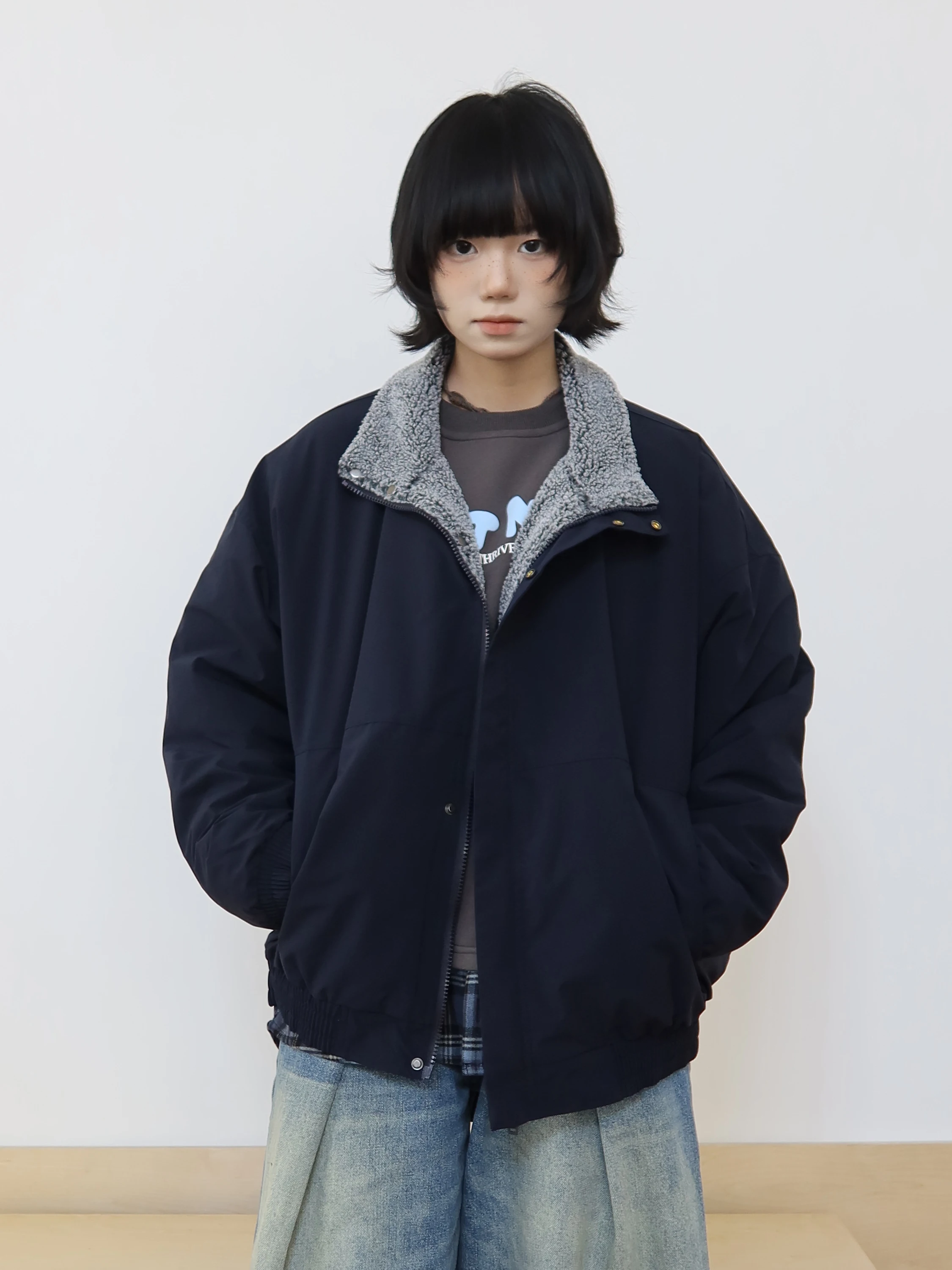 

Thiened Cotton Jaet Stand Collar American Retro k Blue Warmth Lamb Velvet Women's Winter Outerwear Zipper Closure Long...