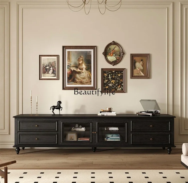 

09 American retro solid wood TV cabinet medium antique black floor locker