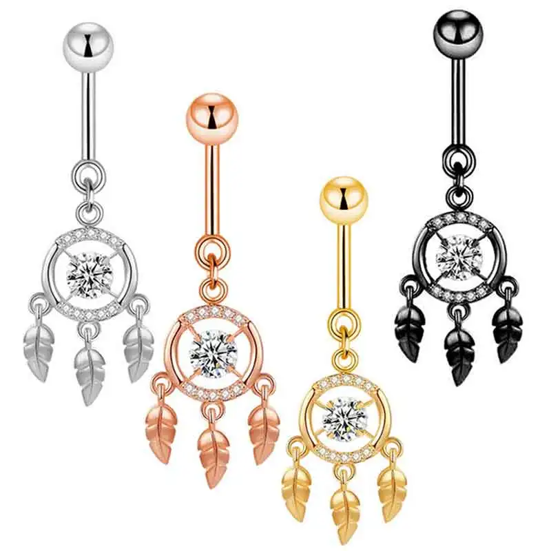 

Wholesales New Style Belly Ring 14G Stainless Steel Belly Piercing Jewelry Leaft Belly Button Rings Dangle Navel Bar Dangle