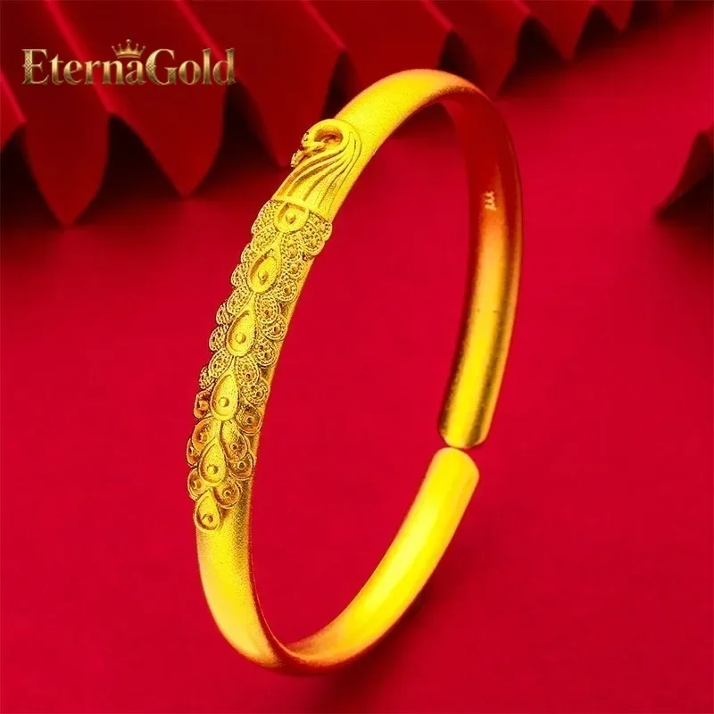 EternaGold 9999 genuine  24K  antique peacock open screen  bracelet fashion  jewelry gift open-ended bracelet