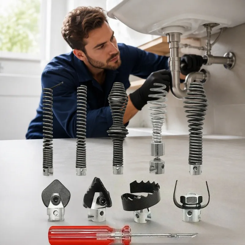 16mm Drain Cleaning Spring Drill Attachment Tool Rust-Proof Cutter Head 10-Piece Kit Pipe Unclogger