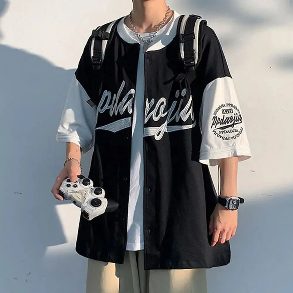 Street Hiphop Color Contrast Stitching Baseball Shirt Cardiga Men's Thickened Fleece  Collar Special Wide Fit Autumn Shirt
