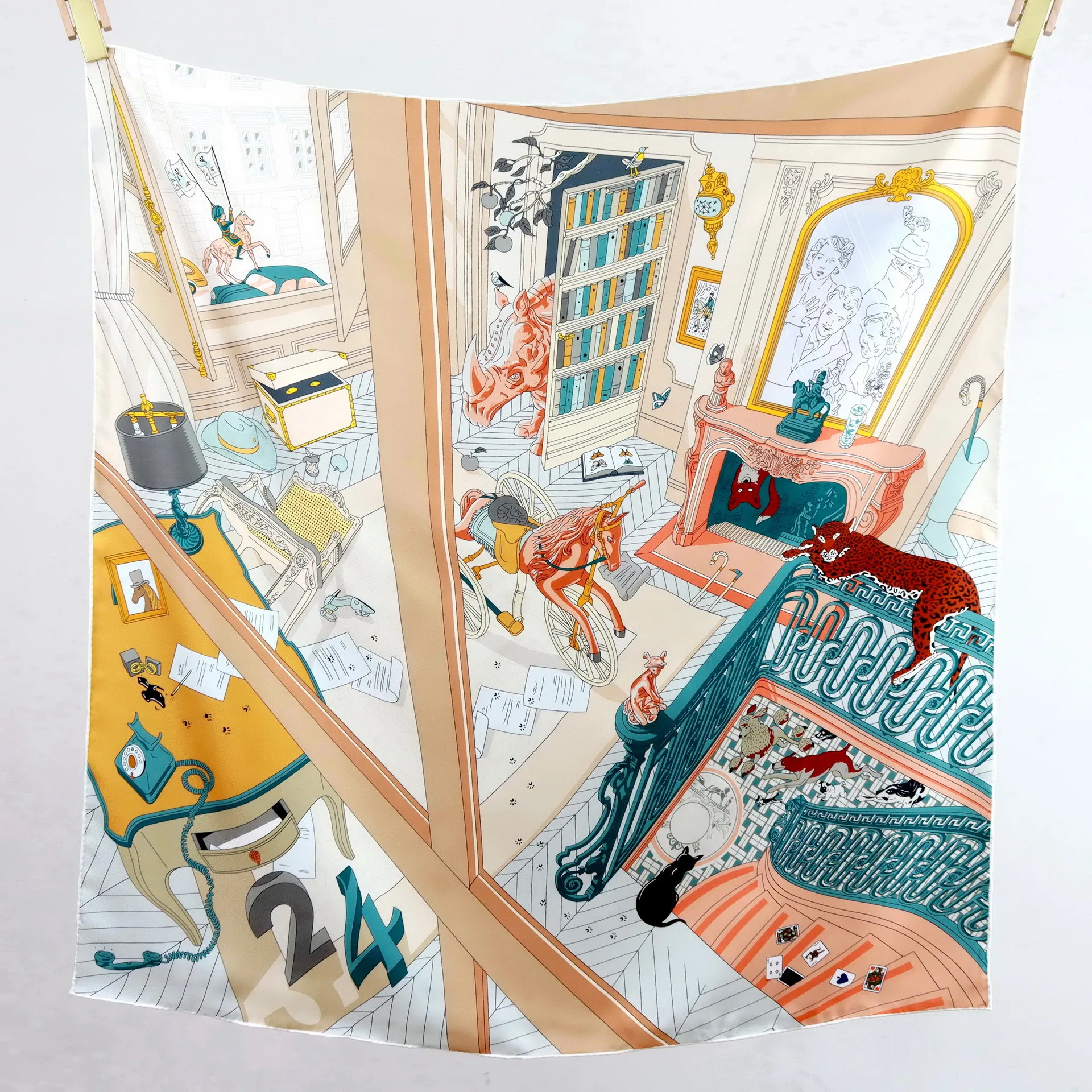

High-end and Elegant Women's Exquisite 24th Room Printed Quality 14MM Twill Silk Hand-rolled Edge Large Square Scarf Shawl