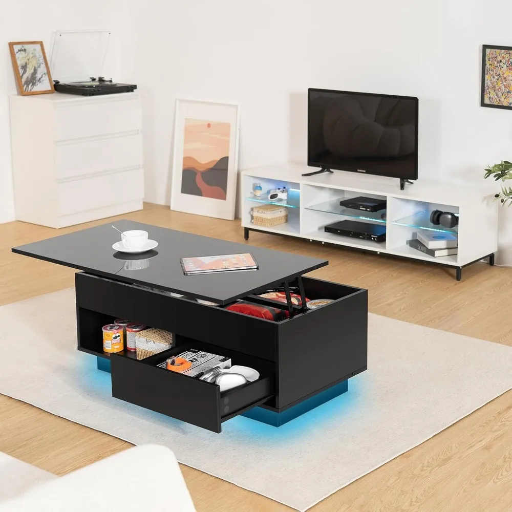 Juego de 2, mesa de centro con tapa elevable LED y soporte para TV, centro de entretenimiento LED moderno con tomas de corriente para televisores de hasta 70"