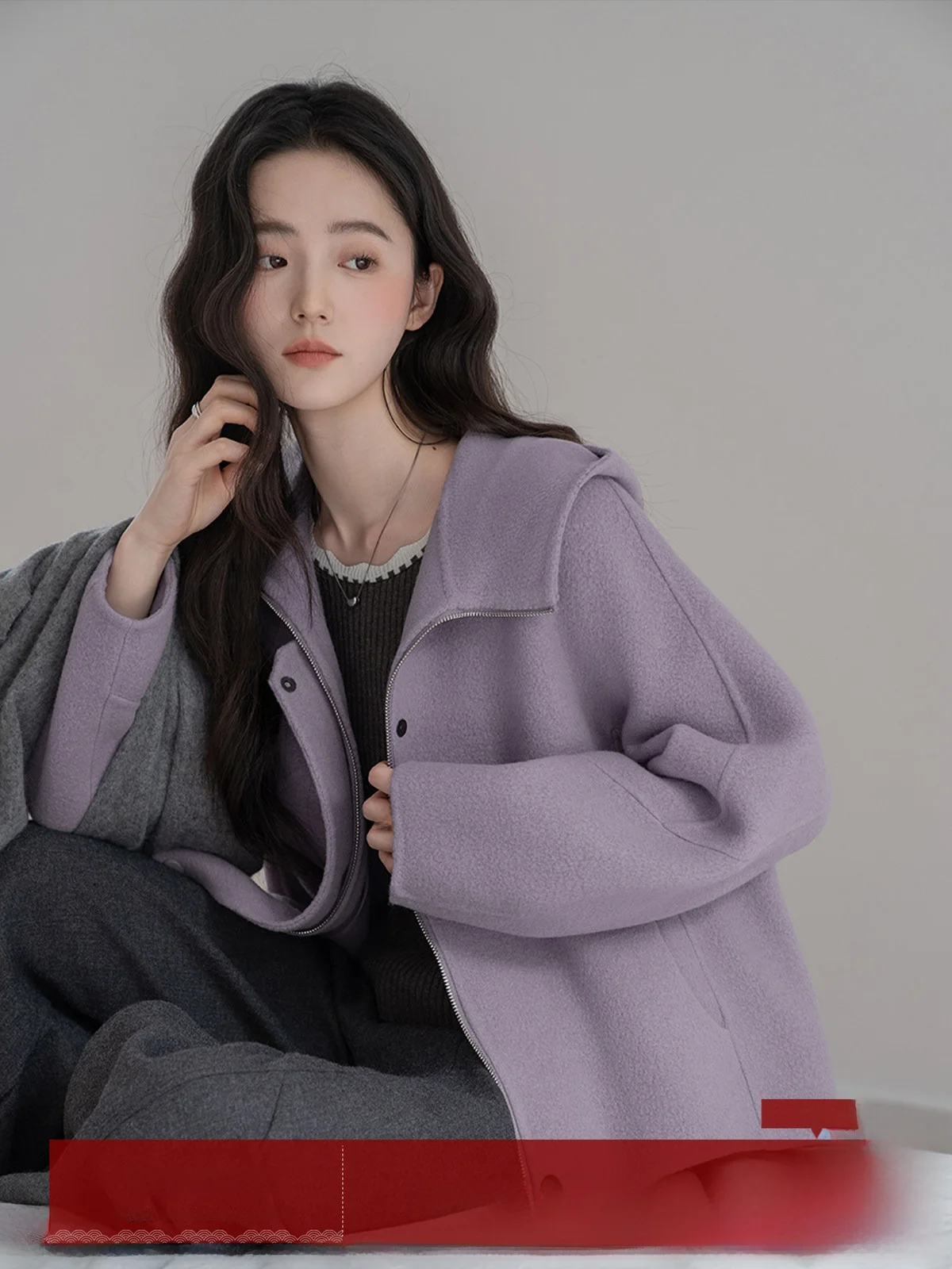 

MoZa Purple Zipper Double-Sided Camere Hooded Woolen Coat Women's Autumn Winter New Sle High-End ort Coat Korean Sle