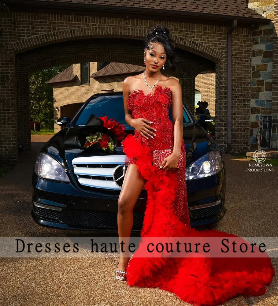 

Sparkly Beaded Appliques Mermaid Prom Dresses 2025 High Slit Ruffles Evening Dresses Wedding Party Dress Customized Aso Ebi