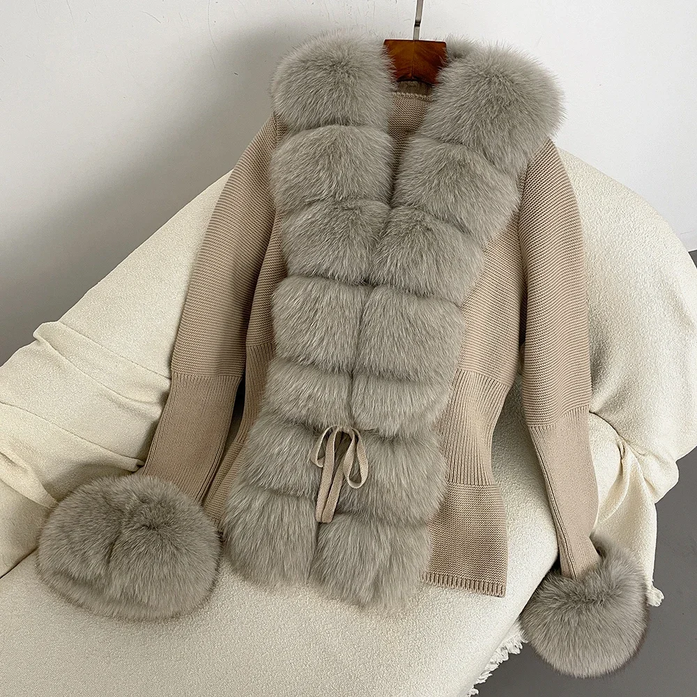 

Knitted Sweater Bandage Fur 2026 New Autumn-winter Women's Fur Coat Luxury Patchwork Cardigan Detachable Collar Jacket Fur Coat