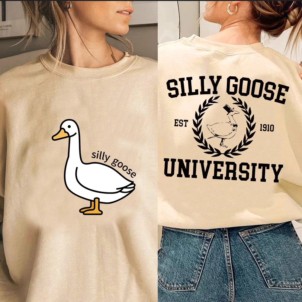 Silly Goose University Crewneck Sweatshirt Women Men Funny Graphic Pullover Sweatshirts Harajuku Long Sleeve Aesthetic Clothes