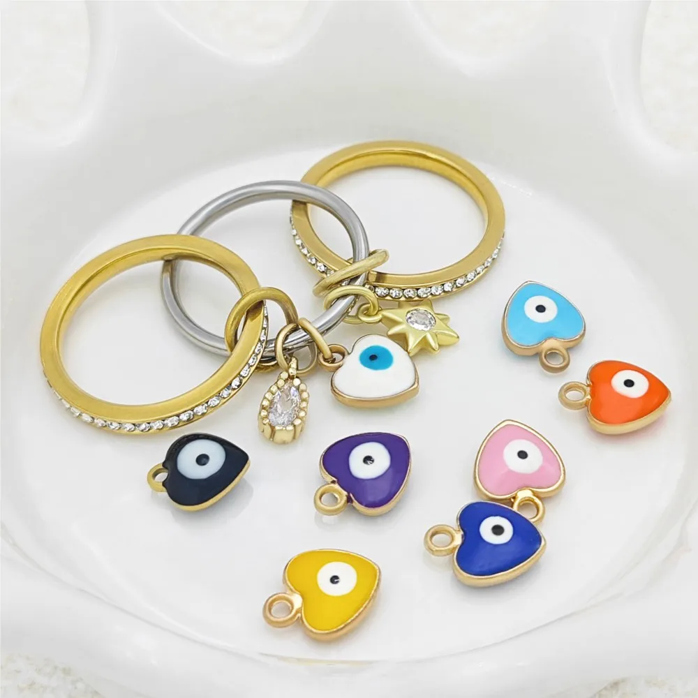 الملونة القلب مع دلايات عين الشر التراص خواتم للنساء الفتيات كامل زركونيا الفولاذ المقاوم للصدأ سبينلي كيلكولين خاتم