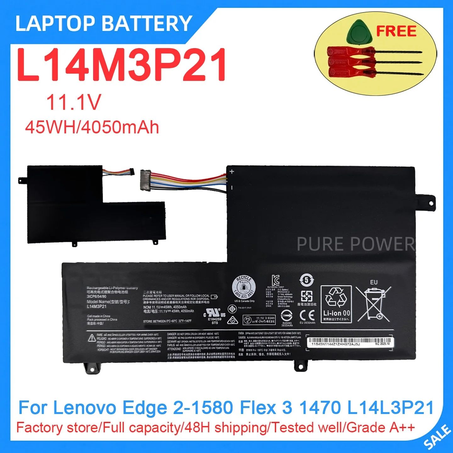 New Laptop Battery L14M3P21 11.1V 45WH 4050mAh High Quality For Lenovo Edge 2-1580 Flex 3 1470 L14L3P21