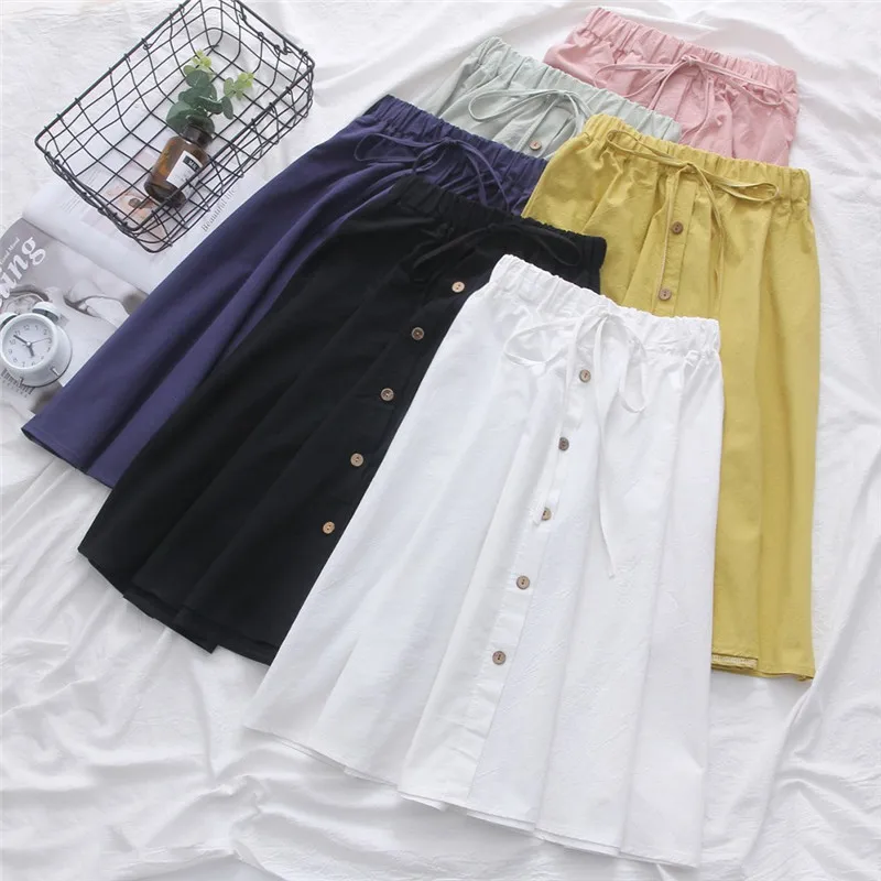 2026 frauen Neue Baumwolle Und Leinen Casual weiche atmungsaktive Röcke Hohe Taille Mode Mid-Kalb Röcke Solide A-Line Koreanische lose Schlank