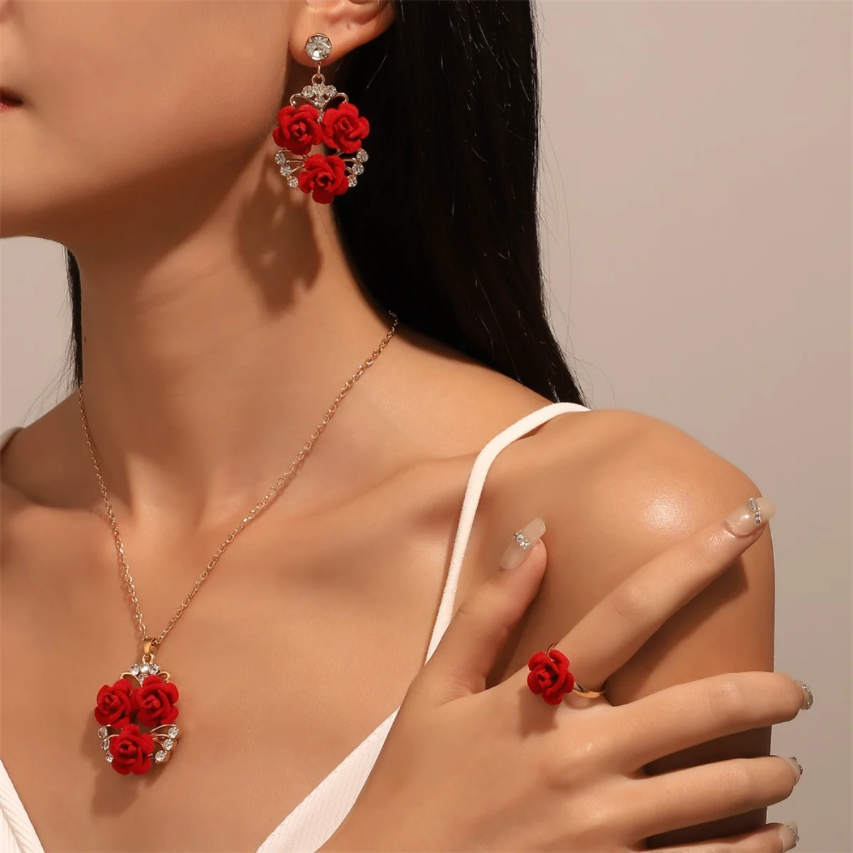 2023 Rose Necklace Set Vintage Fashion Red Rose Jewellery Earring Ring Valentine's Day Gift Support Bulk Wholesale Cheap 1$Order