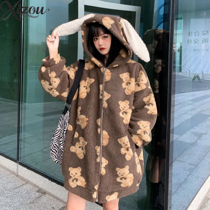 

Женское пальто из овечьей шерсти с принтом медведя, зимние теплые куртки, новые утолщенные милые студенческие плюшевые хлопковые пальто с заячьими ушками для девочек