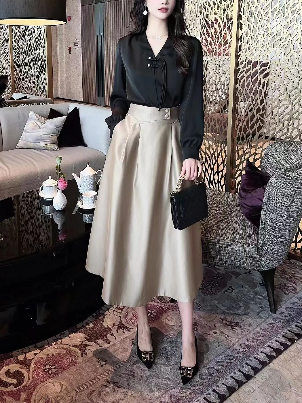 

Ele Bla Асимметричная юбка Европейская Sle OL Шелковые волосы Большая распашная длинная юбка с высокой талией Юбка-миди трапециевидной формы для женщин