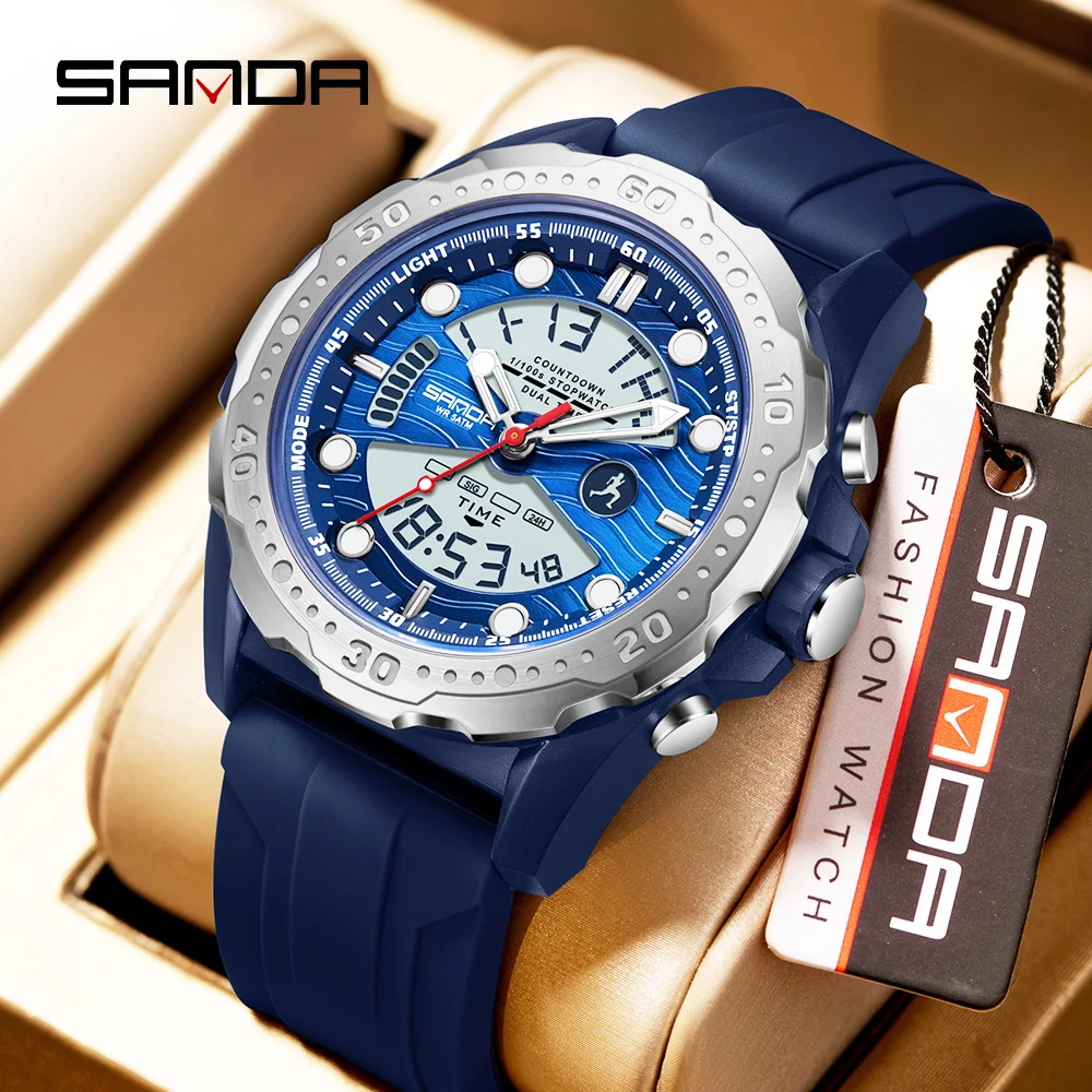 

SANDA 2026 Fashion and Leisure Men's Quartz Watch Waterproof LED Weekly Silicone Military Digital Watch
