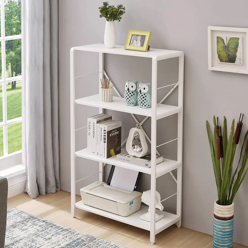 

Rustic Bookshelf and Bookcase, Industrial Metal and Wood Book Shelves, 4-tier Shelving Unit for Living Room Bedroom, White Oak