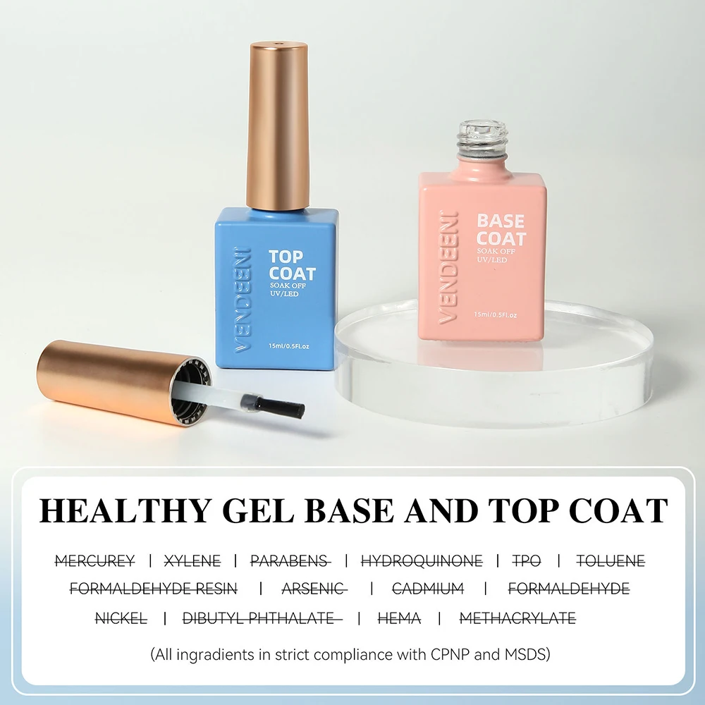 Vendeeni TPO HEMA FREE High Brightness No Wipe Strong Top Coat Base Coat Gel Nail Polish Semi Permanent UV Soak off Gel Varnish