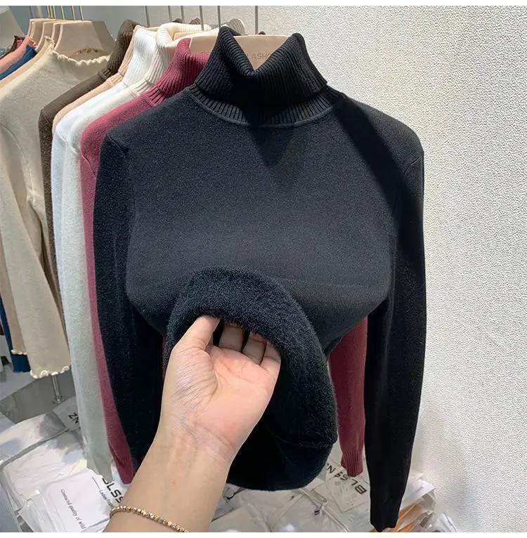 2025 New Thicken High Collar Pullover Women's Sweater Top Winter Warm and Soft Solid Color Inner Wear Bottoming Shirt