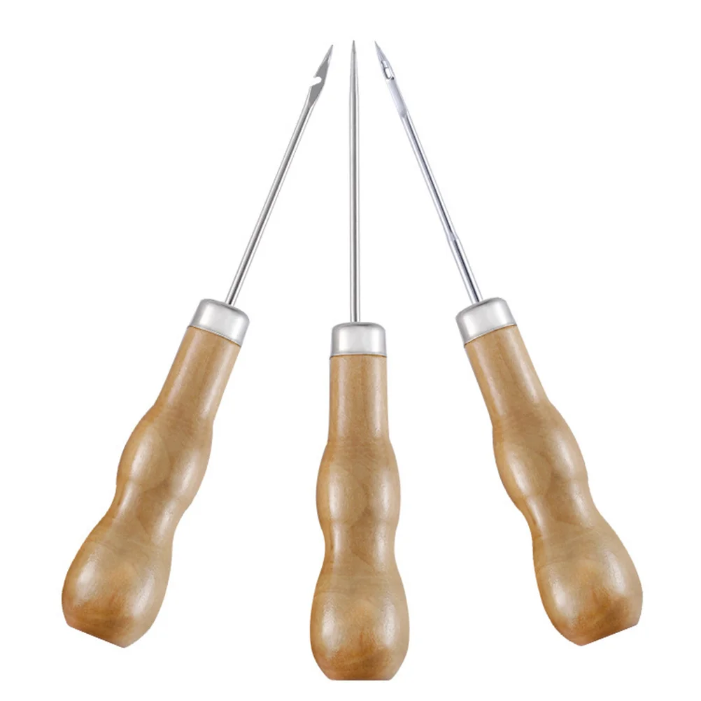 3 Pcs Manual Awl Wood Handle Sewing Awls Prickers Anti-scratch Stitching