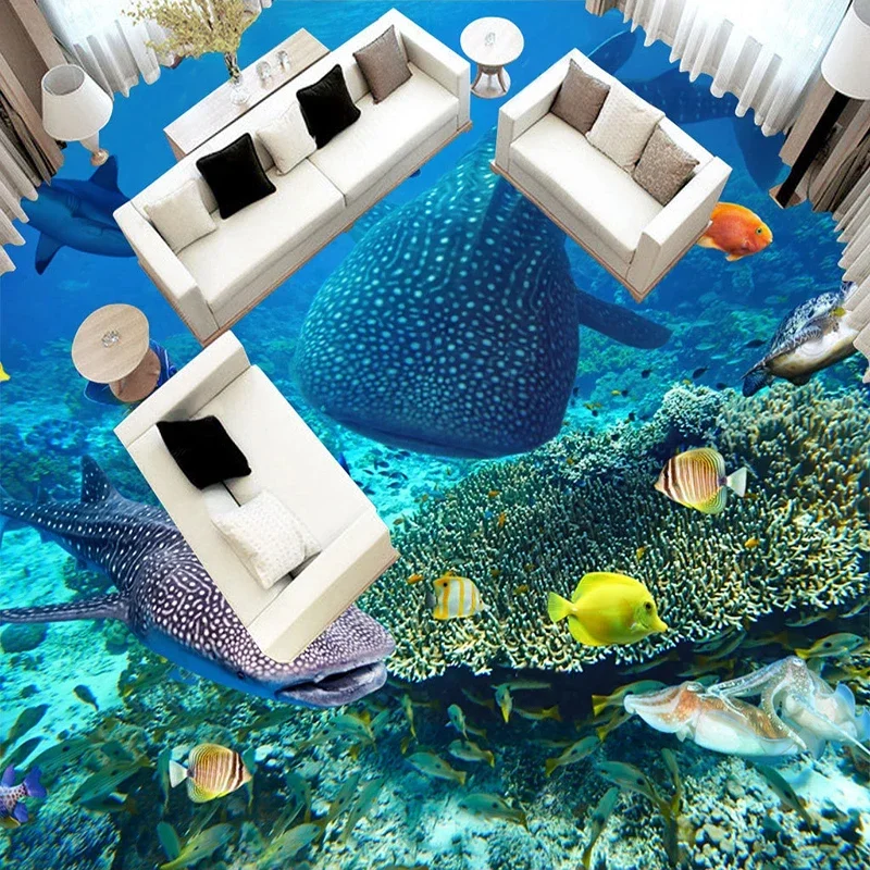 Custom Photo Shark Fish Seaweed Coral 3D Floor Murals Wallpaper Living Room Bathroom PVC Waterproof Self-adhesive Floor Sticker