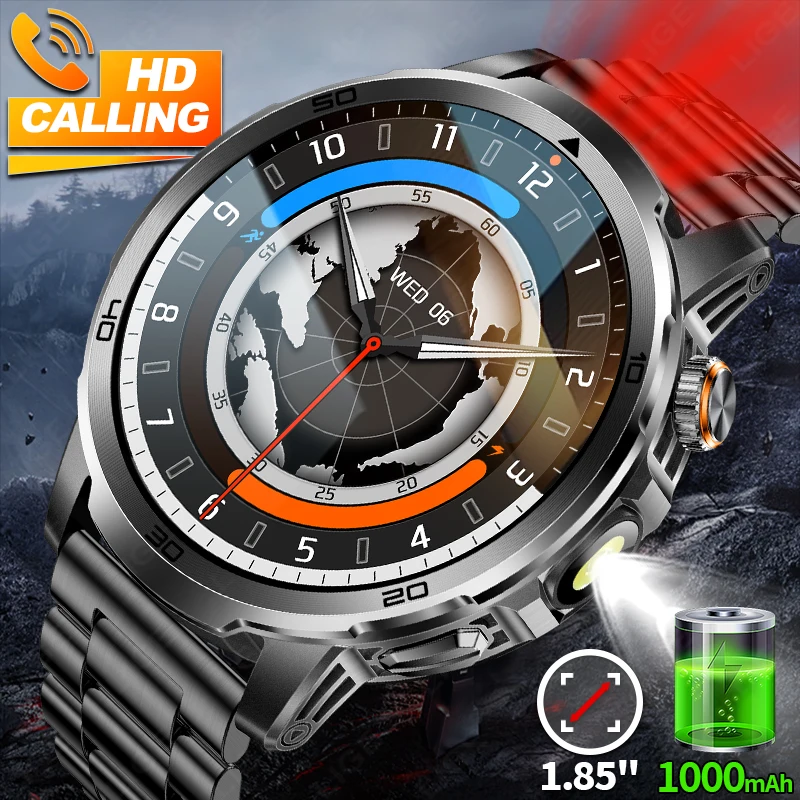 

LIGE Military Smart Watch Men 1000mAh Battery Outdoor SOS Flashlight Waterproof Heart Rate Sport BT Call 1.85" AMOLED Smartwatch