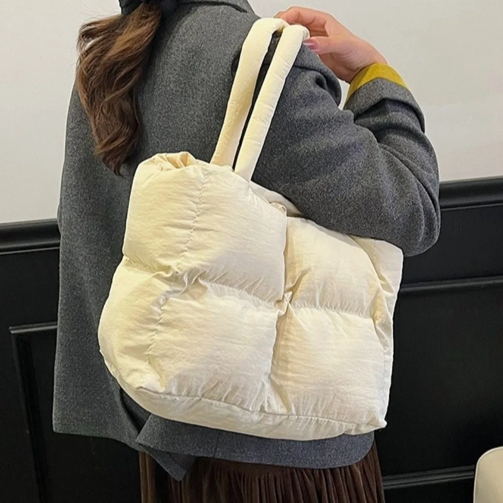 

Durable Large Capacity Top Handle Bag Solid Color Quilted Soft Texture Shoulder Bag Waterproof Plaid Down Commuting Bag