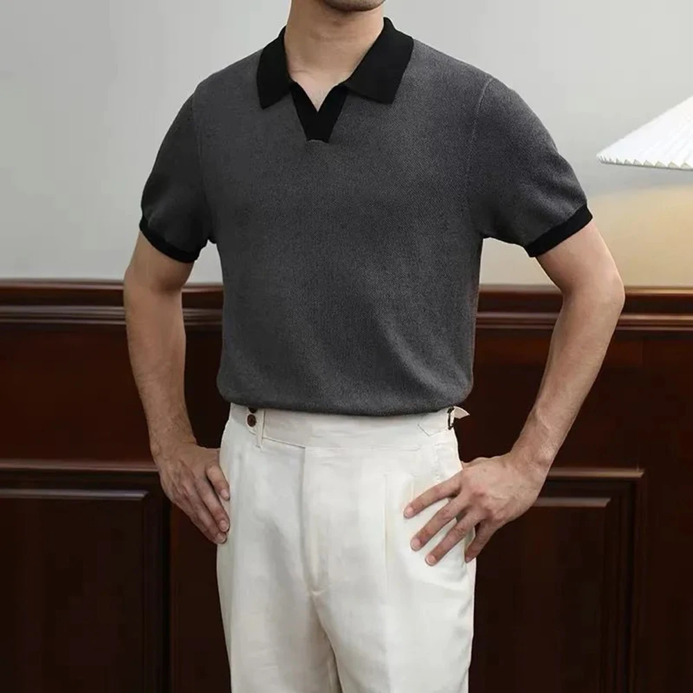 

Men's Color Matching Knitted Short-Sleeved Polo Shirt American Retro Fashion Trend Loose Casual Breathable Summer Men's Tops