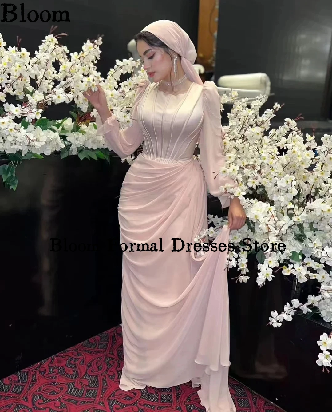 Bloom Light Pink Long Puff Sleeves Prom Dresses Chiffon Ruched Satin Elegant Evening Dresses Wedding Party Dress Free Shipping