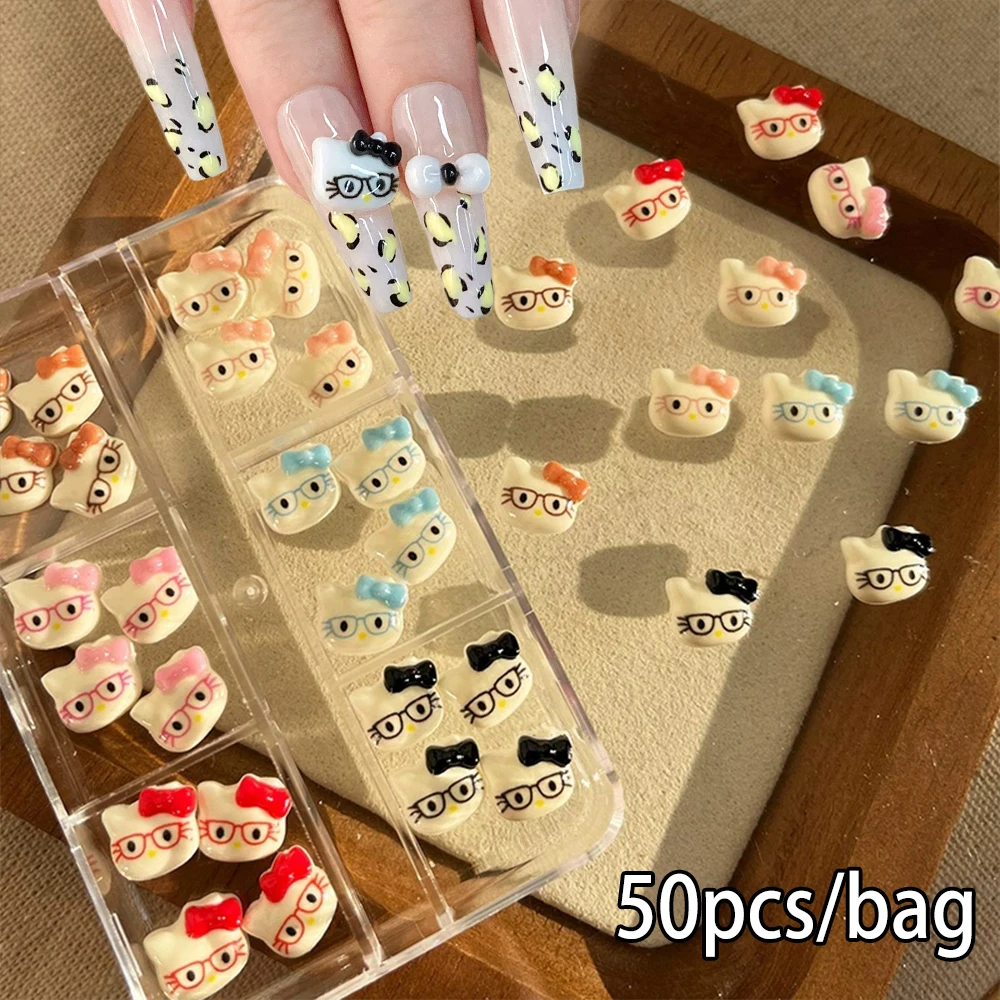 

50Pcs Hello Kitty Nail Rhinestones with Glasses 3D Pink Black Cute Bows Kitty Cat Head Flatback Nail Charms Y2K Manicure Decorat