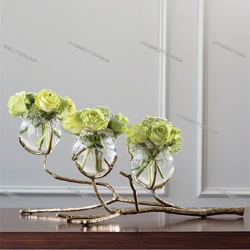 Glass Vase with Golden Branches & Brass Holder, Tabletop Home Decor Flower Vase