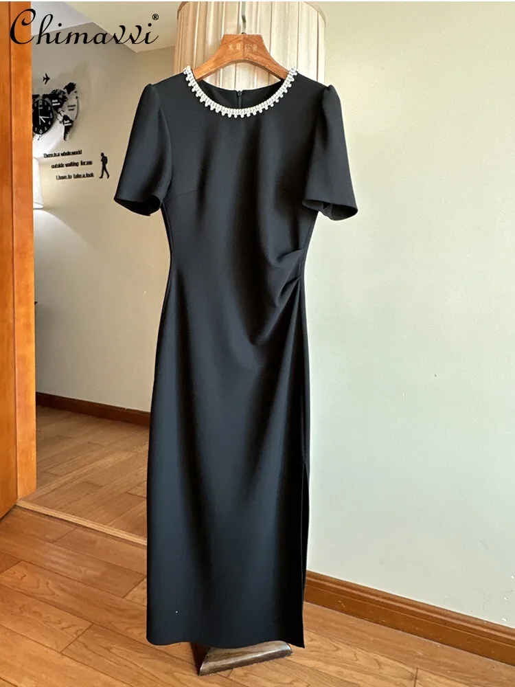 

French Royal Style Black Dress Spring and Summer New Heavy Handmade Diomand Collar Slim Temperament Party Mid-Length Hip Dress