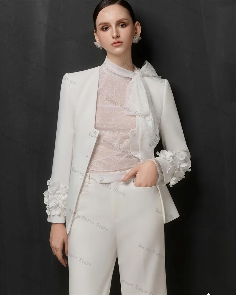 White Women Suit Set 2 Piece Blazer+Pants Trousers Cotton Formal Office Lady Jacket 3D Flower Wedding Tuxedos Coat Customized