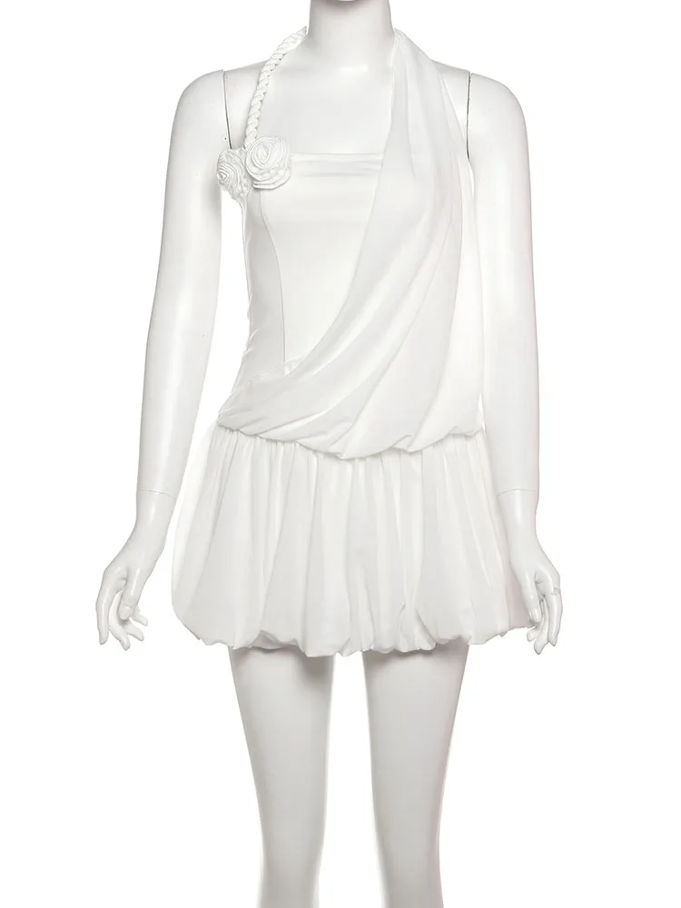 Nibber Folds Dress Women Mesh 3d Three-Dimensional Flowers Twist The Rope Halter Backless Beach Party Summer Sweet Bodycon