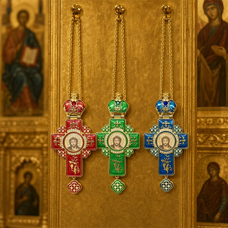 NByzantine Cloisonne Enamel Pectoral Cross Necklace with Gold Chain Crown Rhinestone IHS Jesus Medallion 3 Colors Religious