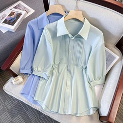 2024 Summer New Large Women's Fashion French Waist Reducing Age Short Sleeved Shirt Slimming Up Covering the Stomach and Hiding